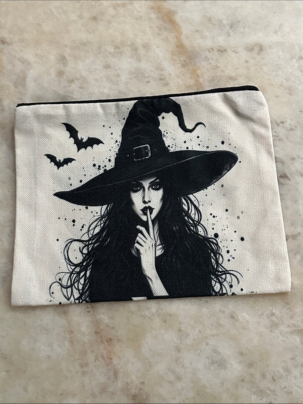 Canvas Witch Print Makeup Bag - Black on Cream